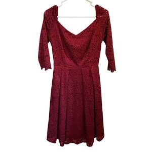 Missmay Retro Gorgeous City Lace Fit Flare Dress Burgundy 3/4 Sleeve V Neck